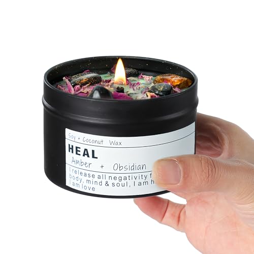 Obsidian & Baltic Amber Crystal Energy Soy Candle - 8oz Scented Candle