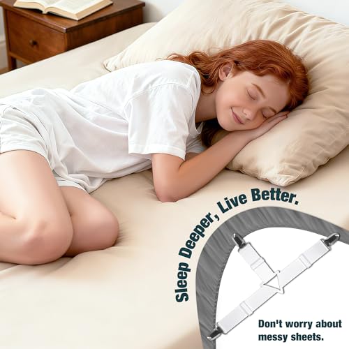 Bed Sheet Fasteners - 4 Pack Adjustable Elastic Straps with Metal Clips