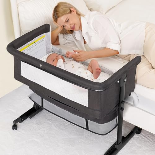 3-in-1 Baby Bedside Sleeper Bassinet with Wheels & Rocking Mode - Gray