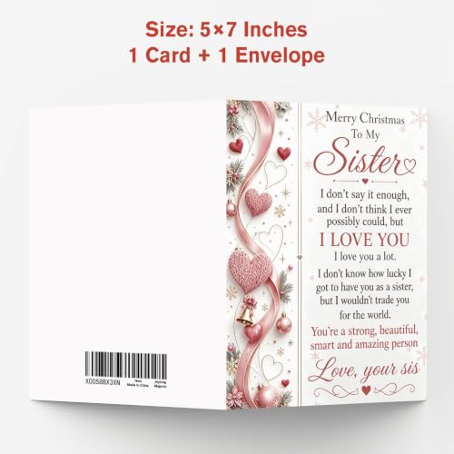 Sister Christmas Card - Personalizeable 5x7in Greeting Card for Sister, Includes Kraft Envelope, C Style Variation