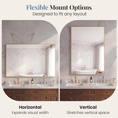 30x48 Inch Rectangular Wall Mirror, Brushed Gold Metal Frame Vanity Mirror