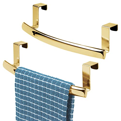 mDesign Steel Over Door Curved Towel Bar Storage, Hanger for Cabinet or Cupboard, Holder Rack for Kitchen, Bathroom - Holds Hand/Dish Towels, Washcloths - Spira Collection - 2 Pack - Soft Brass
