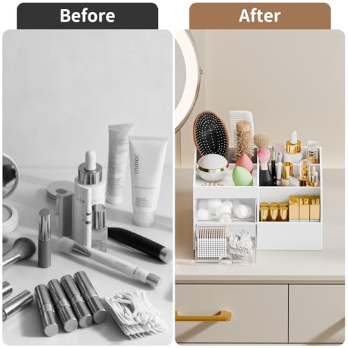 Fanado White Makeup Organizer with 2 Drawers and 5 Compartments – Vanity & Bathroom Storage