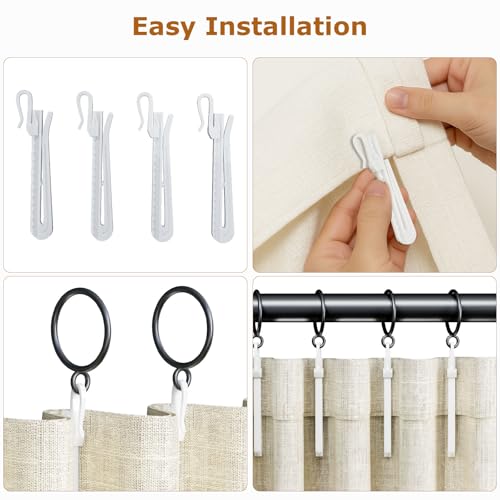 1.25 Inch Curtain Rings with Adjustable Hooks, 24 Pack Black Metal Drapery Set