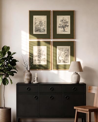 4-Piece Vintage Tree Sketch Wall Art Set, Framed Sage Green Nature Prints