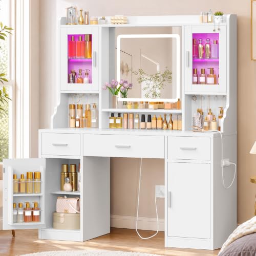 Large Vanity Desk with LED Mirror, RGB Cabinets, Drawers & Power Outlet