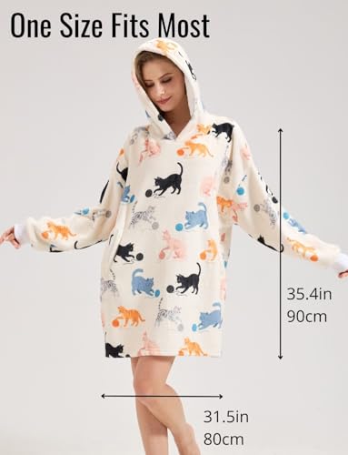 Huglanket Cat Lovers Hoodie Blanket – Cream Yarn Ball S, Oversized Flannel One Size