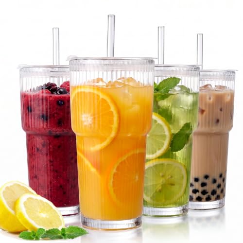 20oz Ribbed Glass Cups with Lids and Straws, 4-Pack Iced Coffee Tumblers