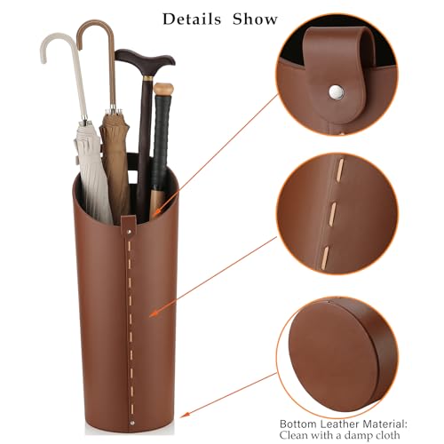 Modern Brown Leather Umbrella Stand with Drip Tray for Entryway