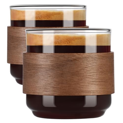 PARACITY 5 oz Espresso Shot Cups Set of 2 with Wooden Ring - Heat-Resistant Borosilicate Glass