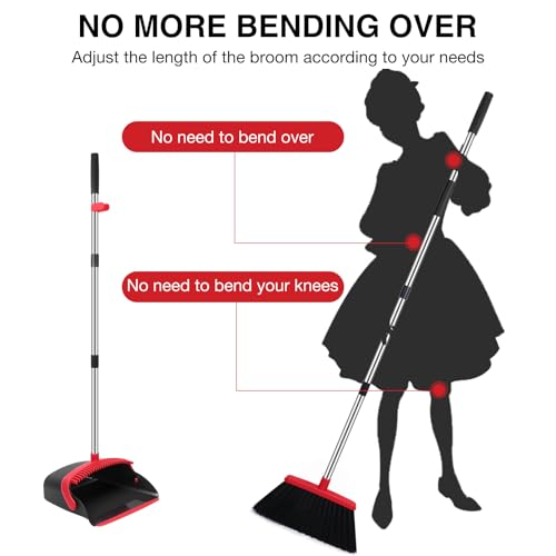 Broom and Dustpan Set with Built-In Comb Teeth, 52-Inch Long Handle - 2 Pack
