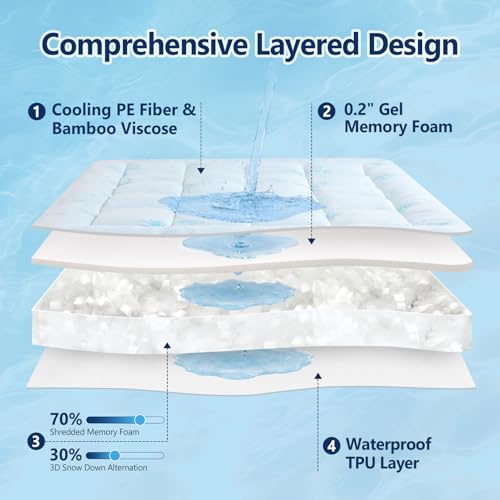 DOWNCOOL Queen Cooling Memory Foam Mattress Topper - Waterproof Bamboo Top