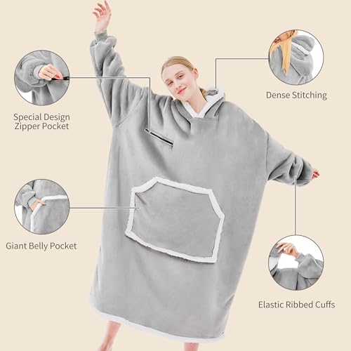 Oversized Sherpa Wearable Blanket Hoodie with Eye Mask - Grey Soft Flannel