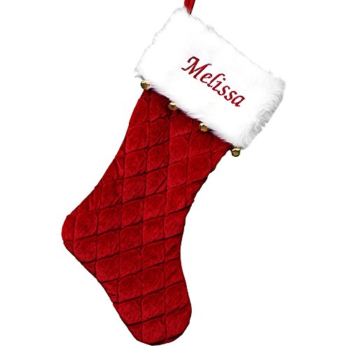 Personalized Red Velvet Quilted Christmas Stocking with Jingle Bells 21-inch