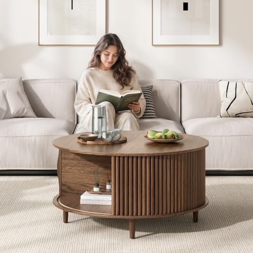 31.5-inch Round Coffee Table with Hidden Storage, Walnut Mid-Century Modern
