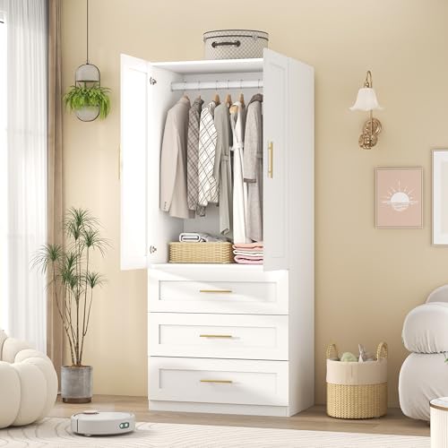 Modern White Wardrobe Armoire with 3 Drawers and Hanging Rod, 75 Inch