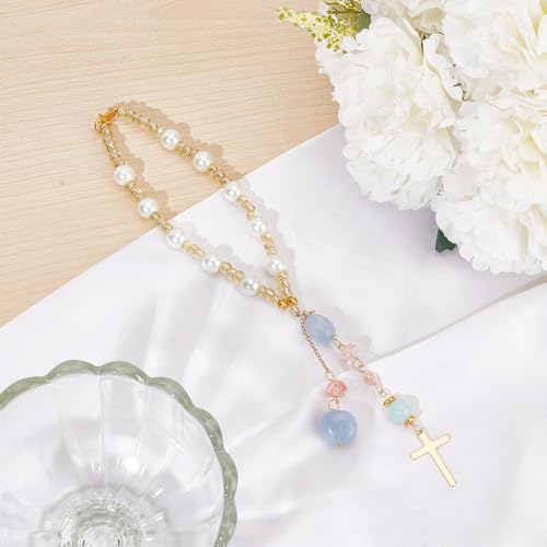 Natural Jade Cross Car Hanging Ornament with Pearl and Glass Beads