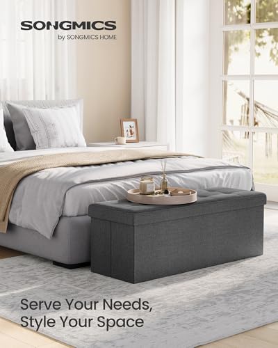 43-Inch Folding Storage Ottoman Bench - Tufted Lidded Chest, Dark Gray