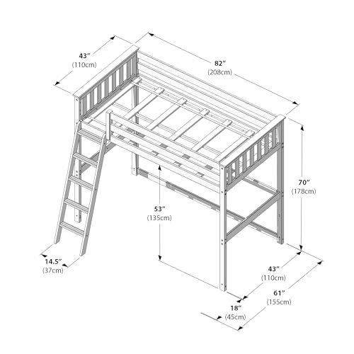 Twin High Loft Bed Frame, Solid Wood Kids Bed with Ladder, White