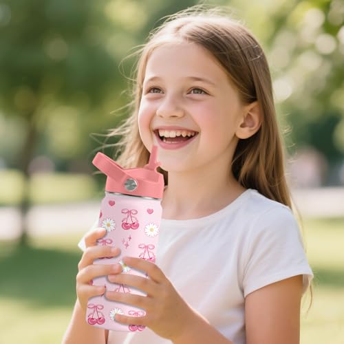 Insulated Stainless Steel Kids Water Bottle with Straw 16oz Cherry Design