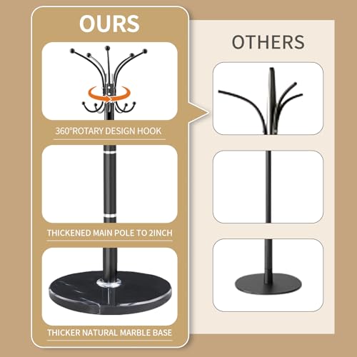 Heavy Duty 360° Rotating Coat Rack Stand with Natural Marble Base, 16 Hooks