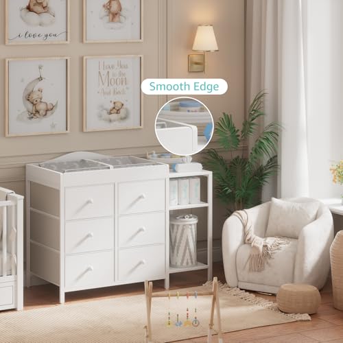 Baby Dresser with Changing Table Top, 6 Fabric Drawers & Nursery Shelf