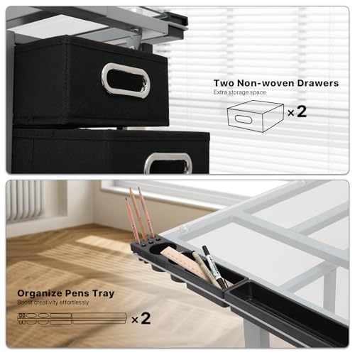 Adjustable Tilting Glass Drafting Table with Storage Drawers & Trays