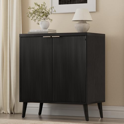 Fluted Sideboard Buffet Cabinet with Adjustable Shelf, Black Storage Console
