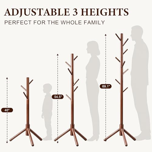 Freestanding Wooden Coat Rack Stand with 8 Hooks, 3 Adjustable Heights