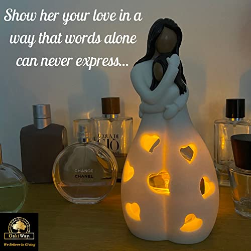Mother and Daughter Hand-Painted Candle Holder Statue with LED Candle
