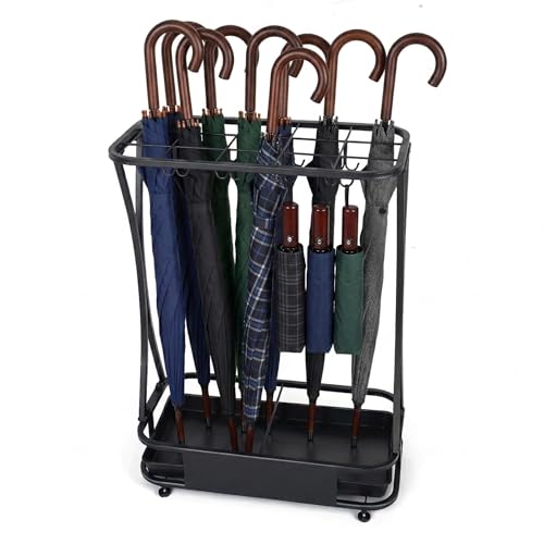 15-Slot Heavy Duty Metal Umbrella Stand with 8 Hooks and Drip Tray