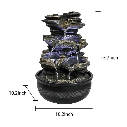 15.7" Tabletop Water Fountain with LED Lights - 5-Tier Indoor Rock Waterfall