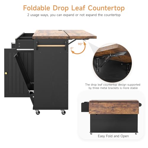Rolling Kitchen Island Cart with Drop Leaf, Power Outlet & Trash Can Storage