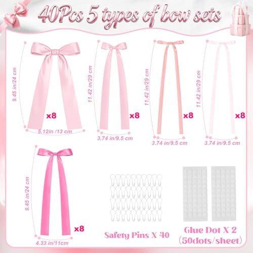 Pink Bow Wall Decor - 40Pcs Satin Ribbon Bows for Party Backdrop
