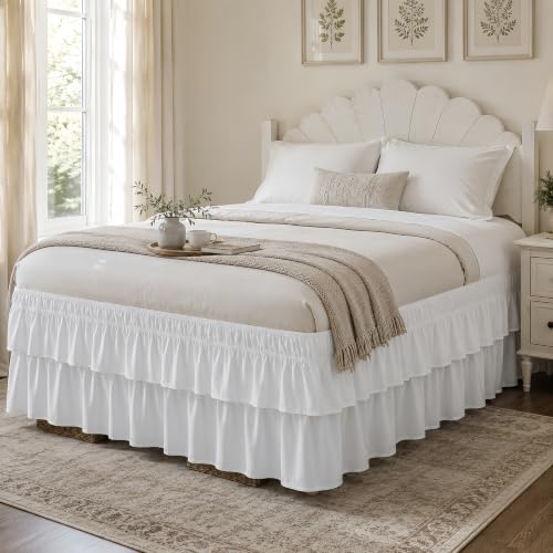 White Full Size Elastic Wrap Around Bed Skirt - 14 Inch Drop Double Ruffle