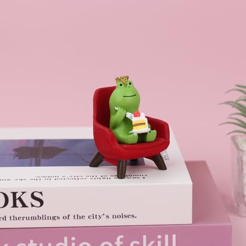 Miniature Frog Eating Cake Figurine on Red Sofa Desk Decoration