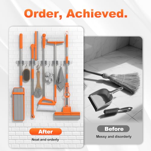 Stainless Steel Broom Holder Wall Mount Mop Organizer with 5 Racks and 4 Hooks
