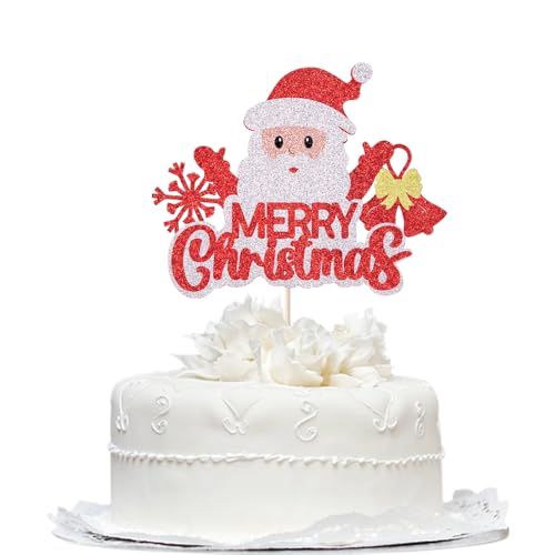 Green Christmas Cake Topper with Santa & Tree - Holiday Party Decoration