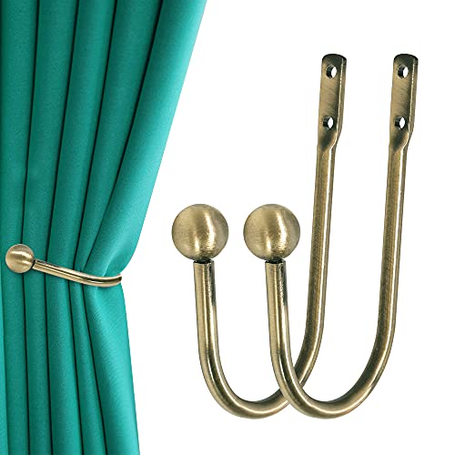 Heavy Duty Brass Metal Curtain Holdbacks, 2-Piece Wall Mounted Drapery Hooks