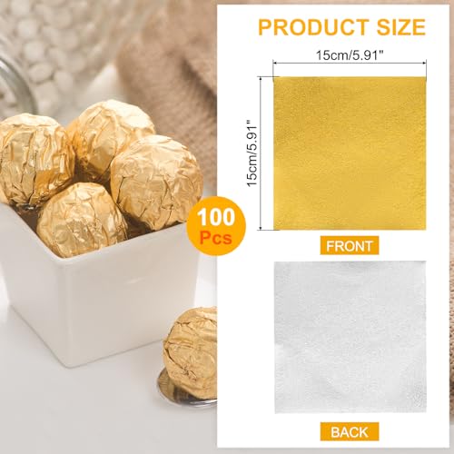 uxcell Gold 6 x 6 Inch Aluminum Foil Candy Wrappers 100pcs for Chocolate & Dessert Packaging
