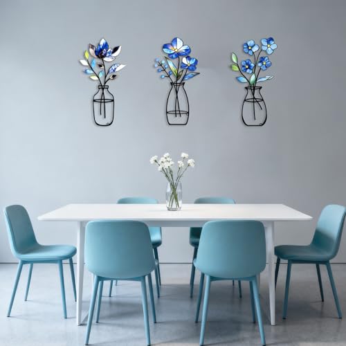 3-Piece Metal Vase Wall Art Set, Rustic Blue Iron Floral Wall Decor