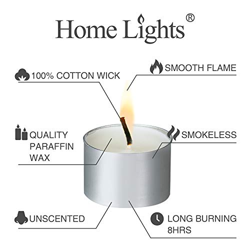 HomeLights 200 Pack Tealight Candles - Unscented, 8 Hour Burn Time, Smokeless Votive for Weddings, Christmas & Home Decor
