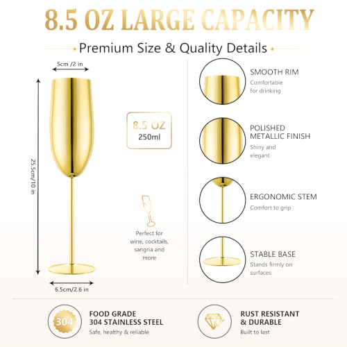 UNISWEET Gold Stainless Steel Champagne Flutes Set of 2 - Unbreakable, Long Stem, 8.5 oz Wedding & Party Toasting Glasses