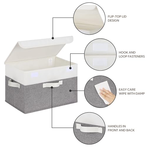 Collapsible Fabric Storage Box with Lid Large 2-Pack White Gray
