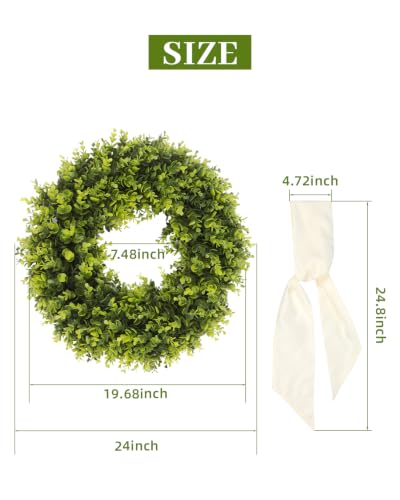 24-Inch Artificial Boxwood Wreath for Front Door - UV-Resistant Greenery