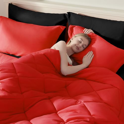 ELNIDO QUEEN Red & Black King Size Bed in a Bag 7-Piece Bedding Set All Season