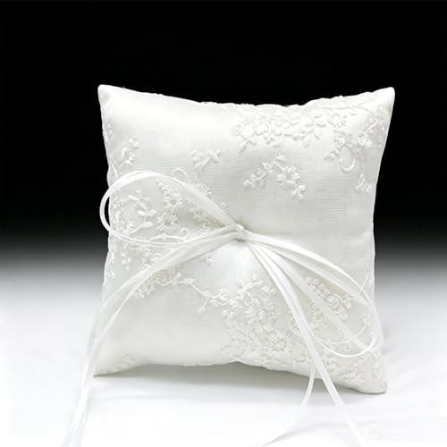 White Satin Ring Bearer Pillow with Floral Lace and Ribbon Bow, 6x6 Inch