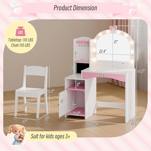 Kids Vanity Table and Chair Set with LED Mirror and Jewelry Organizer