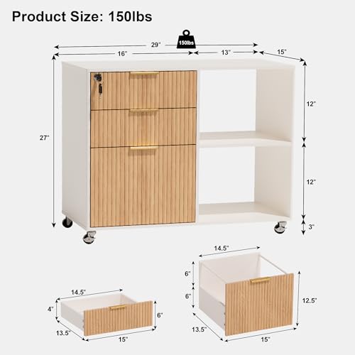 3-Drawer Fluted Mobile Filing Cabinet with Lock, Rolling Under-Desk Organizer