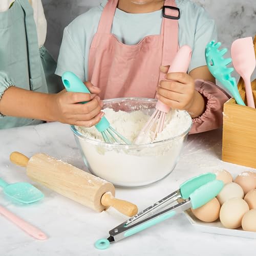 Kids Cooking and Baking Set with Storage Basket, Coral Pink 17-Piece